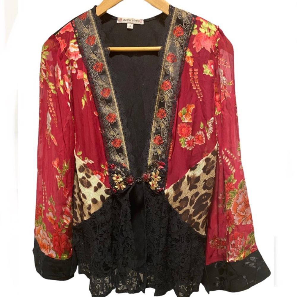 Spencer Alexis Womens Floral Lace Kimono Cardigan Jacket